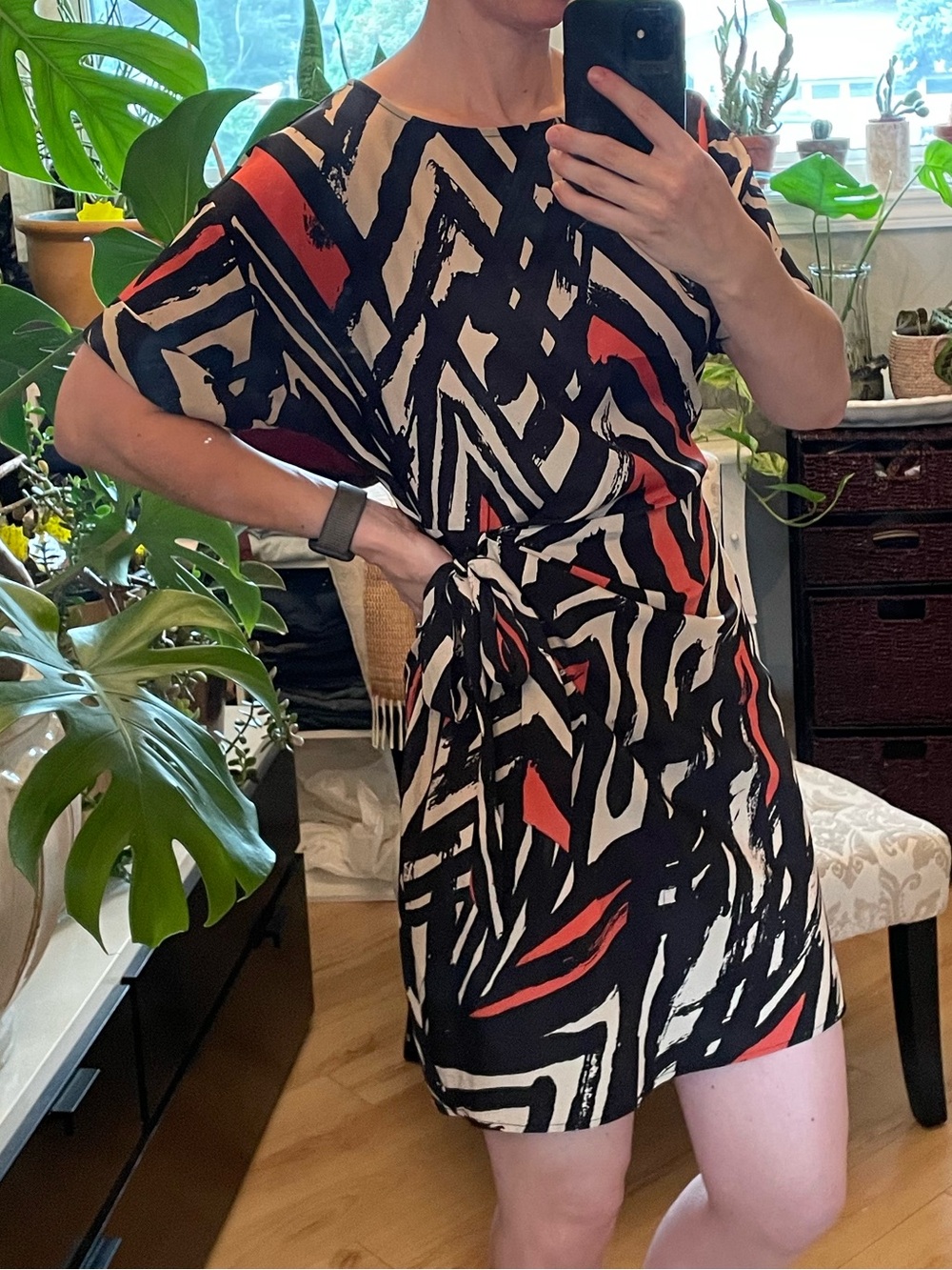 Mark. Women’s Sz S Patterned Dress in Black, Red and Tan